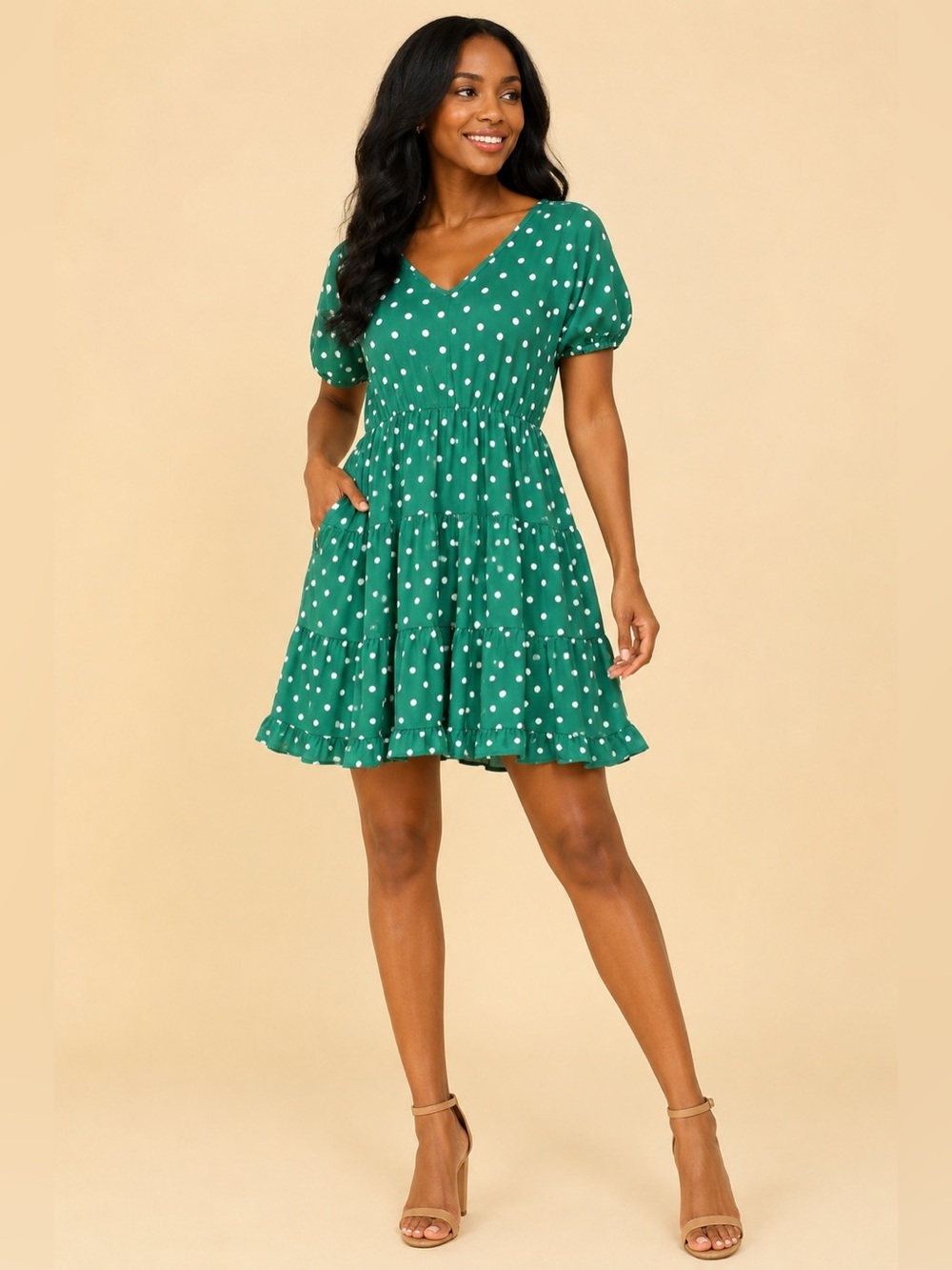 Green Polka Dot Tiered Mini Dress | V-Neck Puff Sleeve Flowy Dress with Pockets